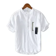Mens Loose Fit Short Sleeve Solid Linen Shirt with Stand Collar for Summer