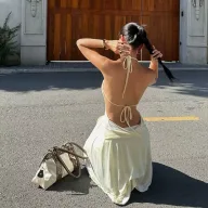 Womens Summer Casual Set Halter Neck Hollow Out Top and Asymmetrical Skirt Apricot