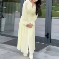 Elegant High Waist Long Sleeve V Neck Solid Polyester Dress for Women