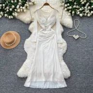 High Waist Long Sleeve Sweet Solid Polyester Dress for Women Autumn Commuter A Line Style