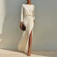 Elegant Solid Color Long Sleeve High Waist Dress for Evening Wear in Polyester