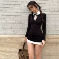 Womens Long Sleeve Dress Set Slim Fit College Style Spring Fashion Available in Black Wholesale Sizes S M L