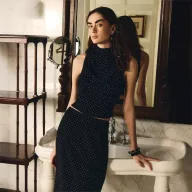 Sleeveless Vintage Style High Neck Top and Low Waist Skirt Set with Polka Dot Print for Women Wholesale