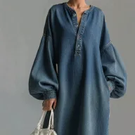 Long Sleeve V Neck Polyester Office Lady Dress for Women in Blue Available in Sizes S to XXL