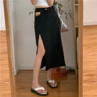 High Slit Denim Skirt for Women Vintage Style Side Split Patchwork Design Casual Summer Wear
