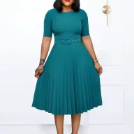 Pleated Midi Dress for Women Round Neckline Plus Size Available Green and Dark Blue Wholesale with Low MOQ