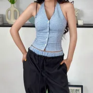 Womens Vintage Plaid Halter Top and Loose Pants Set Casual Summer Outfit Available in Blue and B
