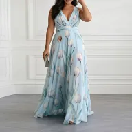 Floral Maxi Dress Casual Loose Fit Waist Defined V Neck Sleeveless Summer Vacation Wear Wholesale Available
