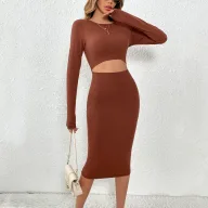 Knit Bodycon Dress for Women Hollow Waist Design Slim Fit Long Skirt Available in Brown Wholesale Low MOQ