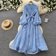 French Romantic Style Lace A Line Dress for Women Stand Collar Lantern Sleeves Waist Defining Elegant Mesh Perfect