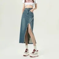 High Waist A Line Denim Skirt Vintage Style Frayed Hem Irregular Split Design Spring Fashion