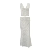 Womens Summer Vacation Set V Neck Sleeveless Polka Dot Top Long Skirt Stylish Comfortable Wholesale Available