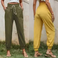 Casual Womens Pants Solid Color Cotton Linen Drawstring Cuffed Trousers in Yellow Sizes S to XL