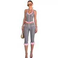 Summer Womens Outfit Set Unique Zipper Halter Neck Backless Top Ruffled Hem Slim Fit 5 Point Pants Casual Wear