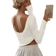 Womens Long Sleeve T Shirt Lace Panel Design Slim Fit Backless White Casual Wear