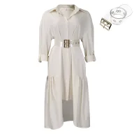 Casual Button Up Shirt Dress for Women Loose Fit Solid Color Available in Black and Beige Wholesale with Low MOQ