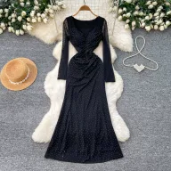 High Waist Long Sleeve Sweet Solid Polyester Dress for Women Autumn Commuter A Line Style