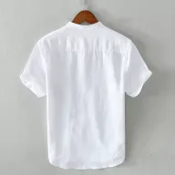 Mens Loose Fit Short Sleeve Solid Linen Shirt with Stand Collar for Summer