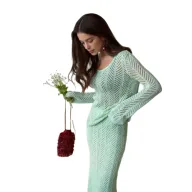 Knitted Two Piece Set Hollow Out Design Long Sleeve Top and Midi Skirt Cotton Fabric Casual Vacation Wear Wholesale