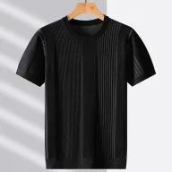 Mens Short Sleeve Striped Wool Knitted T Shirt Fashionable Casual Wear for Fall and Winter