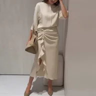 Summer Casual Dress for Women Solid Color Split Hem Pleated Design Vacation Style Wholesale Available