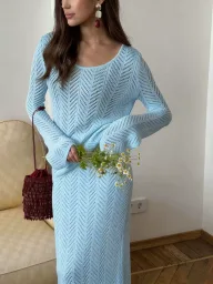 Knitted Two Piece Set Hollow Out Design Long Sleeve Top and Midi Skirt Cotton Fabric Casual Vacation Wear Wholesale