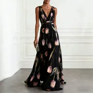 Floral Maxi Dress Casual Loose Fit Waist Defined V Neck Sleeveless Summer Vacation Wear Wholesale Available