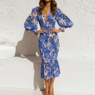 Elegant Womens Dress with Long Sleeves High Waist V Neck in Polyester Available in Multiple Colors and Sizes