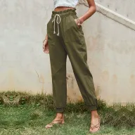 Casual Womens Pants Solid Color Cotton Linen Drawstring Cuffed Trousers in Yellow Sizes S to XL