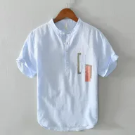 Mens Loose Fit Short Sleeve Solid Linen Shirt with Stand Collar for Summer