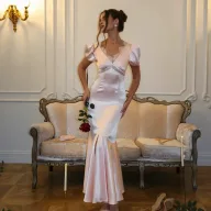 Bodycon Mermaid Dress V Neck Lace Detail Elegant Satin Fabric Perfect for Formal Events