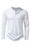 Mens Long Sleeve Collarless T Shirt in Solid Colors Made of Polyester for Spring Casual Wear