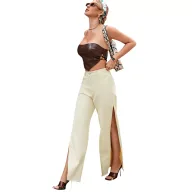 High Waist Wide Leg Jeans for Women Trendy Split Design Casual Chic Style Available in Khaki Wholesale Supply
