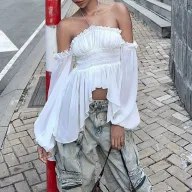 Off Shoulder Ruffled Blouse Slim Fit Lantern Sleeves Wrinkled Fabric Spring Fashion Wholesale Available