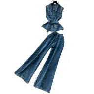 Sleeveless Denim Two Piece Set for Women Slim Fit High Waist Pants and Tank Top Casual Summer Outfit