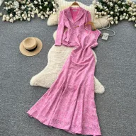 French Style V Neck Lace Top and Dress Set Slim Fit Elegant Design Autumn Wear Wholesale Available