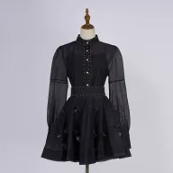 Vintage Floral Print Beaded Lantern Sleeve Top and A Line Skirt Two Piece Set for Women Wholesale Fashion Casual Outfit