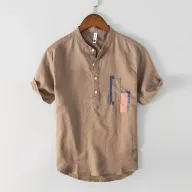 Mens Loose Fit Short Sleeve Solid Linen Shirt with Stand Collar for Summer