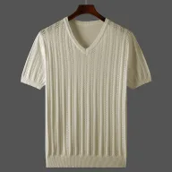 Mens Loose Fit Cotton Knitted Short Sleeve V Neck T Shirt Breathable Summer Top Available in Multiple Colors and Sizes