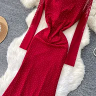 High Waist Long Sleeve Sweet Solid Polyester Dress for Women Autumn Commuter A Line Style