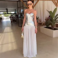 Summer Womens Bodycon Dress Sexy Sheer Strapless High Slit Fitted Design Perfect for Parties and Night Out
