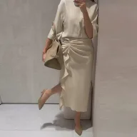 Summer Casual Dress for Women Solid Color Split Hem Pleated Design Vacation Style Wholesale Available