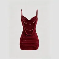 Womens Spring Summer Cross Back Dress Pleated Neckline Chain Detail Elegant Design Perfect for Parties and Events