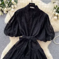 French Court Style Lantern Sleeve Lace Dress for Women V Neck Waist Tie A Line Silhouette Elegant Summer Occasion