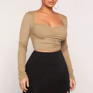 Vintage Square Neck Long Sleeve T Shirt for Women Slim Fit Knitted Top in Khaki Casual Wear
