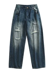 Loose Fit Breathable Denim Sleeveless Collarless Mens T Shirt in Blue