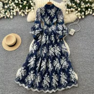 French Court Style Embroidered Lace Dress Puff Sleeves High Neck Waist Tie Elegant Long Dress for Autumn Wholesale
