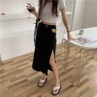 High Slit Denim Skirt for Women Vintage Style Side Split Patchwork Design Casual Summer Wear
