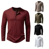 Mens Long Sleeve Collarless T Shirt in Solid Colors Made of Polyester for Spring Casual Wear