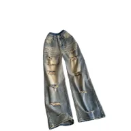 High Waist Ripped Denim Jeans for Women Loose Fit Retro Style Casual Wear for All Seasons